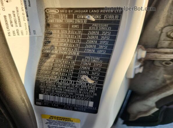 SALVP2RX9KH346655 2019 LAND ROVER RANGE White Вид наклейки з VIN-кодом
