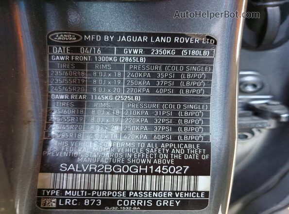 SALVR2BG0GH145027 2016 LAND ROVER RANGE Gray Widok naklejki z numerem VIN