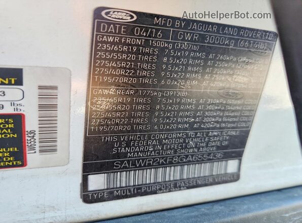 SALWR2KF8GA655436 2016 LAND ROVER RANGE White Vista de la etiqueta del VIN