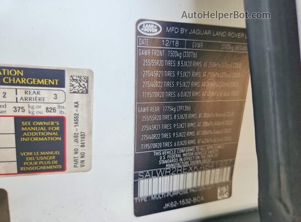 SALWR2REXKA841937 2019 LAND ROVER RANGE White Widok naklejki z numerem VIN