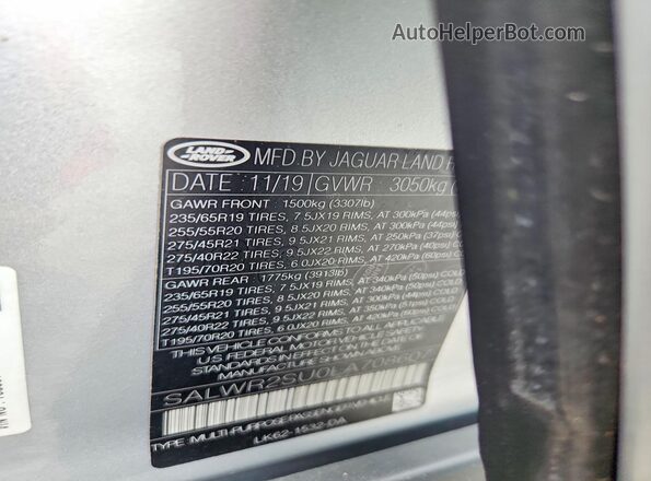 SALWR2SU0LA708607 2020 LAND ROVER RANGE Silver Widok naklejki z numerem VIN