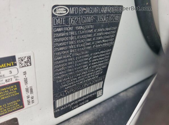SALWR2SU3NA206841 2022 LAND ROVER RANGE White VIN sticker view