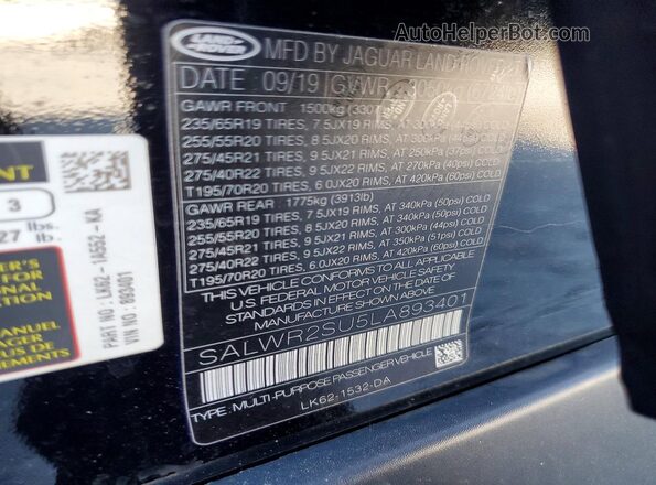 SALWR2SU5LA893401 2020 LAND ROVER RANGE Black VIN կոդի պիտակի տեսք
