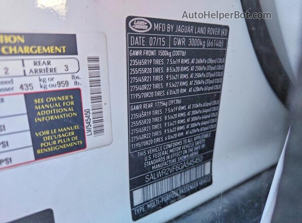 SALWR2VF6GA545450 2016 LAND ROVER RANGE Белый Вид наклейки с VIN-кодом