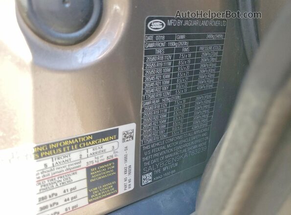 SALYB2EN9KA783239 2019 LAND ROVER RANGE Gray VIN კოდის სტიკერის ხედი