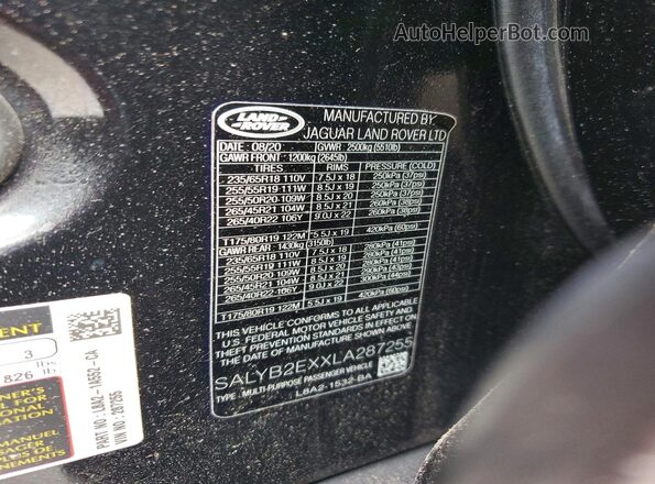 SALYB2EXXLA287255 2020 LAND ROVER RANGE Black VIN կոդի պիտակի տեսք