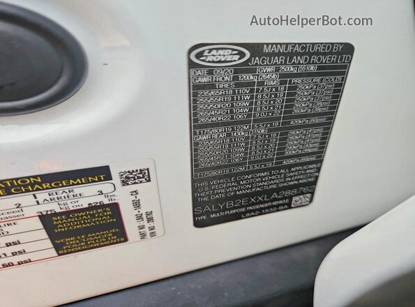 SALYB2EXXLA288762 2020 LAND ROVER RANGE White Widok komory silnika