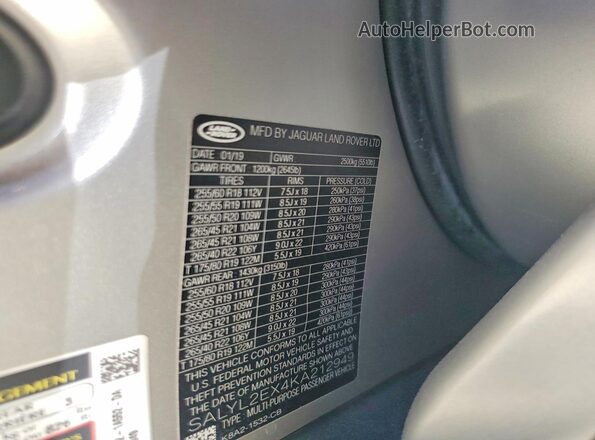 SALYL2EX4KA212949 2019 LAND ROVER RANGE Gray Widok naklejki z numerem VIN