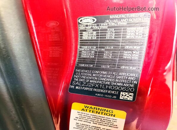 SALZJ2FX1LH090620 2020 LAND ROVER RANGE Burgundy Widok komory silnika