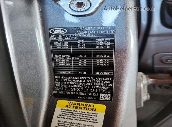 SALZJ2FX2LH041958 2020 LAND ROVER RANGE Серый Вид наклейки с VIN-кодом