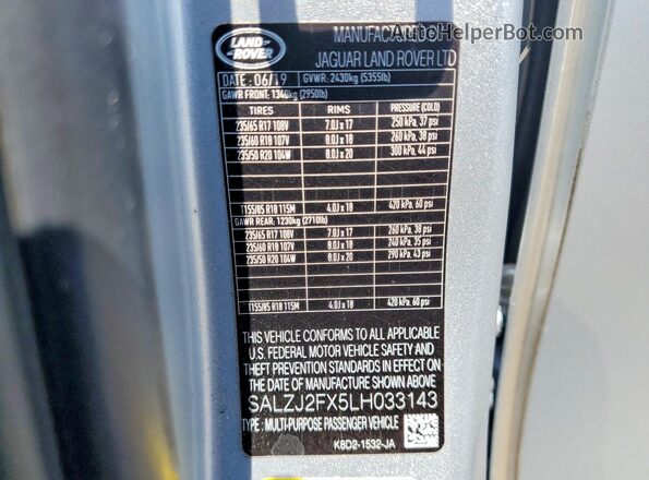 SALZJ2FX5LH033143 2020 LAND ROVER RANGE Silver Vista de la etiqueta del VIN