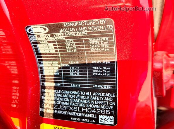 SALZJ2FX6LH042661 2020 LAND ROVER RANGE Красный Вид подкапотного пространства