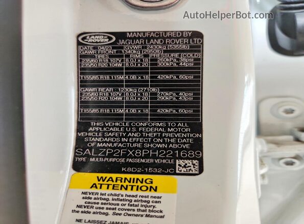 SALZP2FX8PH221689 2023 LAND ROVER RANGE White Engine compartment view