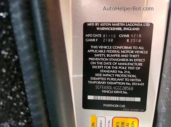 SCFEKBDL4GGC20568 2016 ASTON MARTIN V8 Серебряный Панорамный вид салона 360°