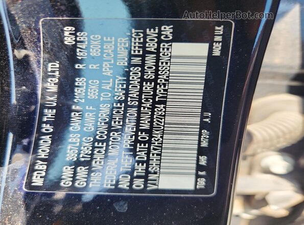 SHHFK7H34KU227934 2019 HONDA CIVIC Black Vista de la etiqueta del VIN