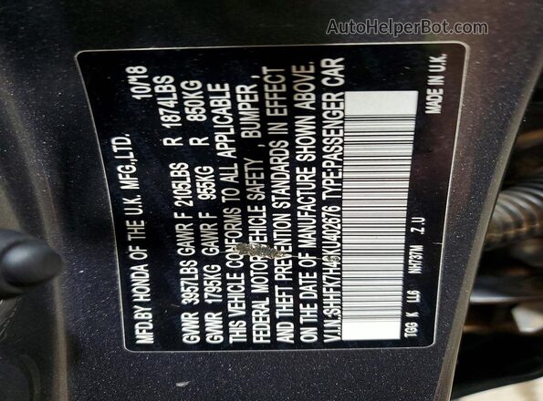 SHHFK7H46KU402676 2019 HONDA CIVIC Gray Vista de la etiqueta del VIN