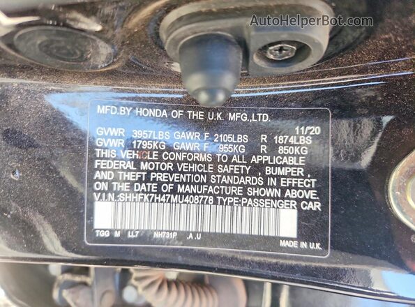 SHHFK7H47MU408778 2021 HONDA CIVIC Black VIN კოდის სტიკერის ხედი