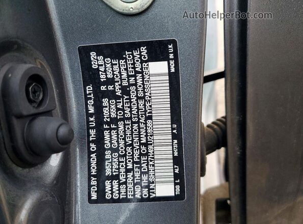 SHHFK7H49LU218589 2020 HONDA CIVIC Gray Вид наклейки з VIN-кодом