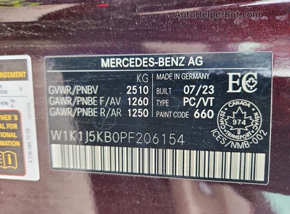 W1K1J5KB0PF206154 2023 MERCEDES-BENZ E White Vista de la etiqueta del VIN