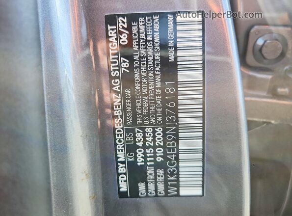 W1K3G4EB9NJ376181 2022 MERCEDES-BENZ A Gray Вид наклейки з VIN-кодом