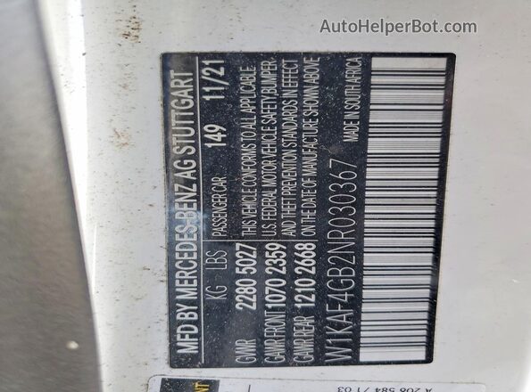 W1KAF4GB2NR030367 2022 MERCEDES-BENZ C White Вид наклейки з VIN-кодом