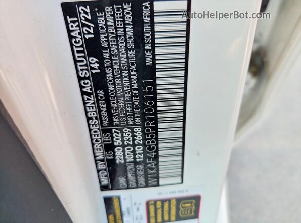 W1KAF4GB5PR106151 2023 MERCEDES-BENZ C White Widok naklejki z numerem VIN
