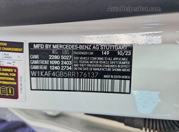 W1KAF4GB5RR176137 2024 MERCEDES-BENZ C-CLASS White Vista de la etiqueta del VIN