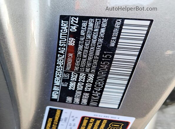 W1KAF4GBXNR045151 2022 MERCEDES-BENZ C Gray Widok naklejki z numerem VIN