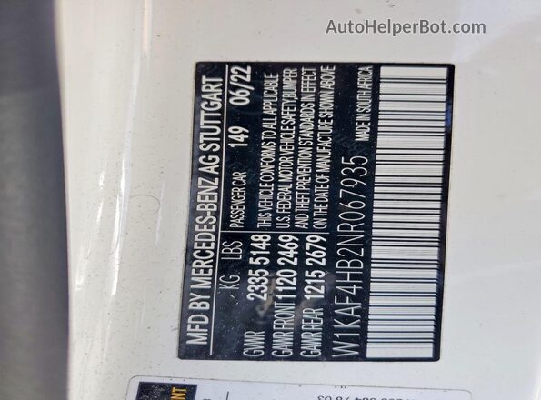 W1KAF4HB2NR067935 2022 MERCEDES-BENZ C White VIN კოდის სტიკერის ხედი