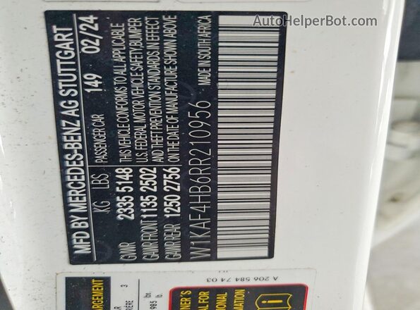 W1KAF4HB6RR210956 2024 MERCEDES-BENZ C White Vista de la etiqueta del VIN