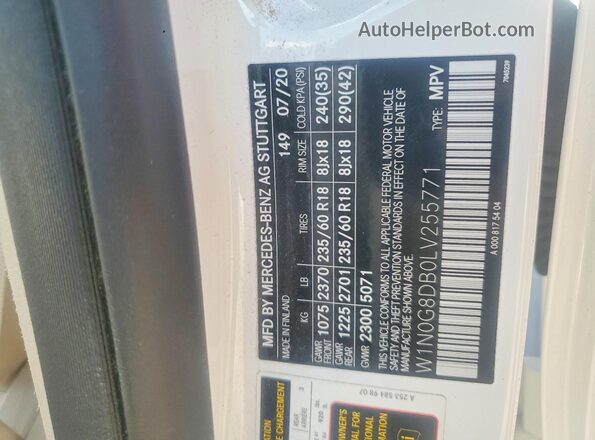 W1N0G8DB0LV255771 2020 MERCEDES-BENZ GLC-CLASS White Vista de la etiqueta del VIN
