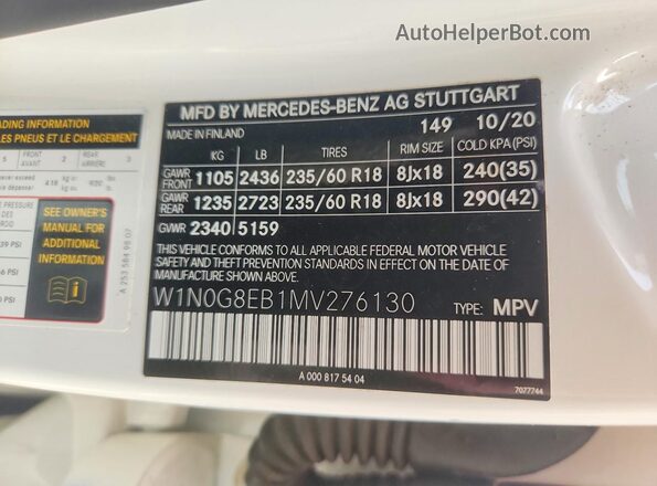 W1N0G8EB1MV276130 2021 MERCEDES-BENZ GLC-CLASS White Widok naklejki z numerem VIN