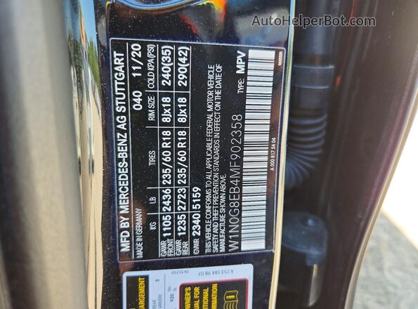 W1N0G8EB4MF902358 2021 MERCEDES-BENZ GLC-CLASS Black VIN კოდის სტიკერის ხედი