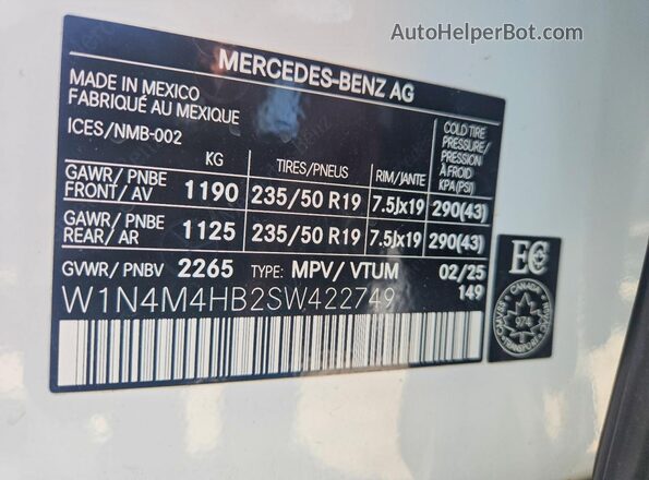 W1N4M4HB2SW422749 2025 MERCEDES-BENZ GLB-CLASS White VIN կոդի պիտակի տեսք