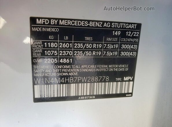 W1N4M4HB7PW288778 2023 MERCEDES-BENZ GLB-CLASS White Vista de la etiqueta del VIN