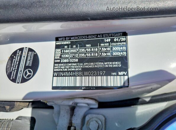 W1N4M4HB8LW023197 2020 MERCEDES-BENZ GLB-CLASS White Widok naklejki z numerem VIN