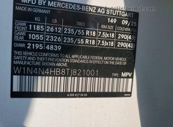 W1N4N4HB8TJ821001 2026 MERCEDES-BENZ GLA White VIN sticker view