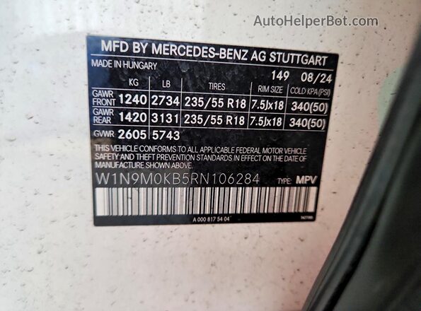 W1N9M0KB5RN106284 2024 MERCEDES-BENZ EQB White VIN კოდის სტიკერის ხედი