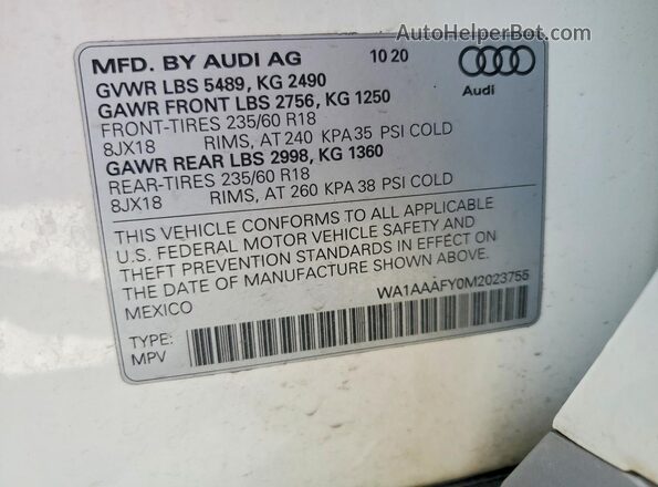 WA1AAAFY0M2023755 2021 AUDI Q5 White Панорамний вид салону 360°