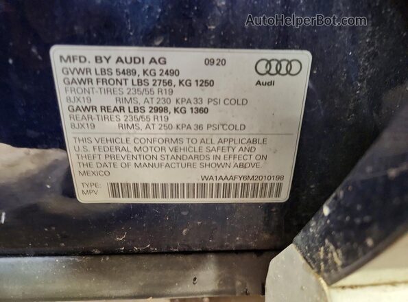 WA1AAAFY6M2010198 2021 AUDI Q5 Blue Vista interior de 360 grados