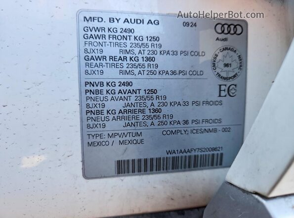 WA1AAAFY7S2008621 2025 AUDI Q5 Белый Панорамный вид салона 360°