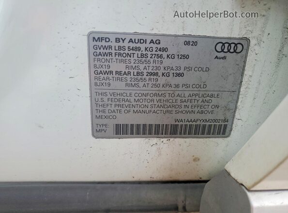 WA1AAAFYXM2002184 2021 AUDI Q5 White VIN կոդի պիտակի տեսք