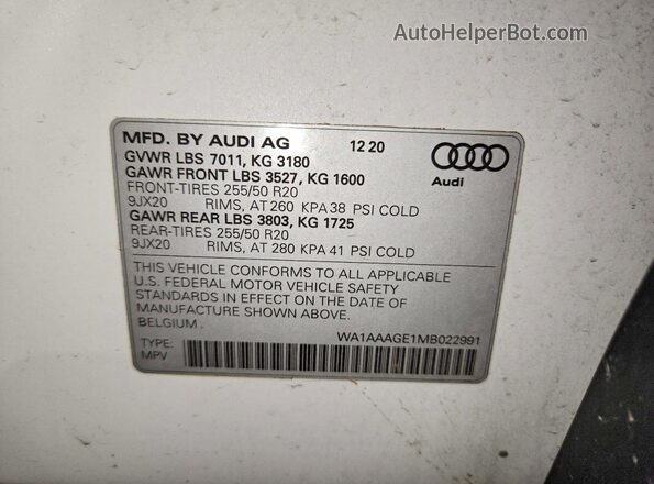 WA1AAAGE1MB022991 2021 AUDI E-TRON Белый Вид наклейки с VIN-кодом