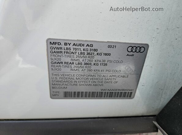 WA1AAAGE5MB032441 2021 AUDI E-TRON White Вид підкапотного простору