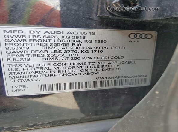 WA1AHAF74KD045052 2019 AUDI Q7 Black VIN sticker view