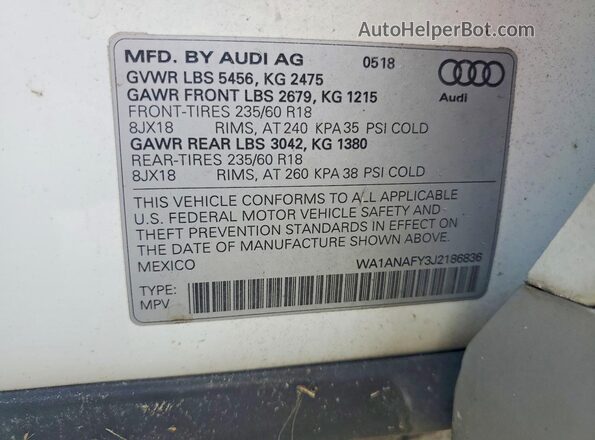 WA1ANAFY3J2186836 2018 AUDI Q5 White Vista de la etiqueta del VIN