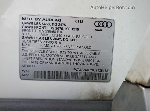 WA1ANAFY6J2128168 2018 AUDI Q5 White Widok wnętrza 360 stopni