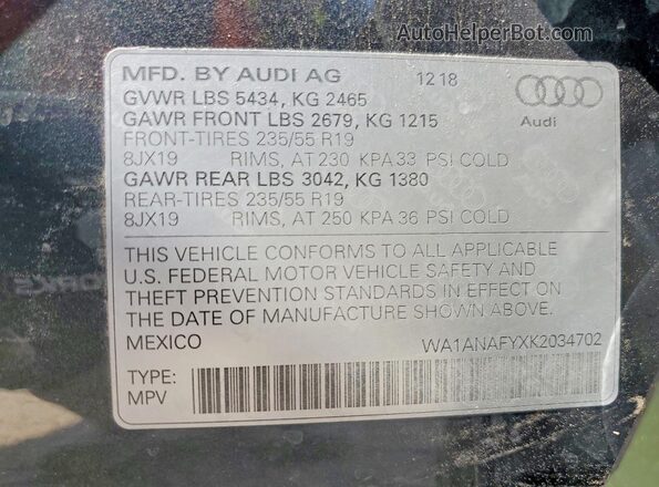 WA1ANAFYXK2034702 2019 AUDI Q5 Green VIN sticker view