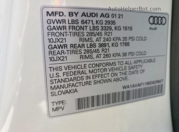 WA1AVAF11MD026627 2021 AUDI Q8 White VIN կոդի պիտակի տեսք