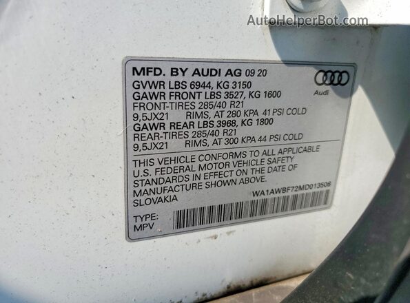 WA1AWBF72MD013506 2021 AUDI SQ7 White Вид наклейки з VIN-кодом